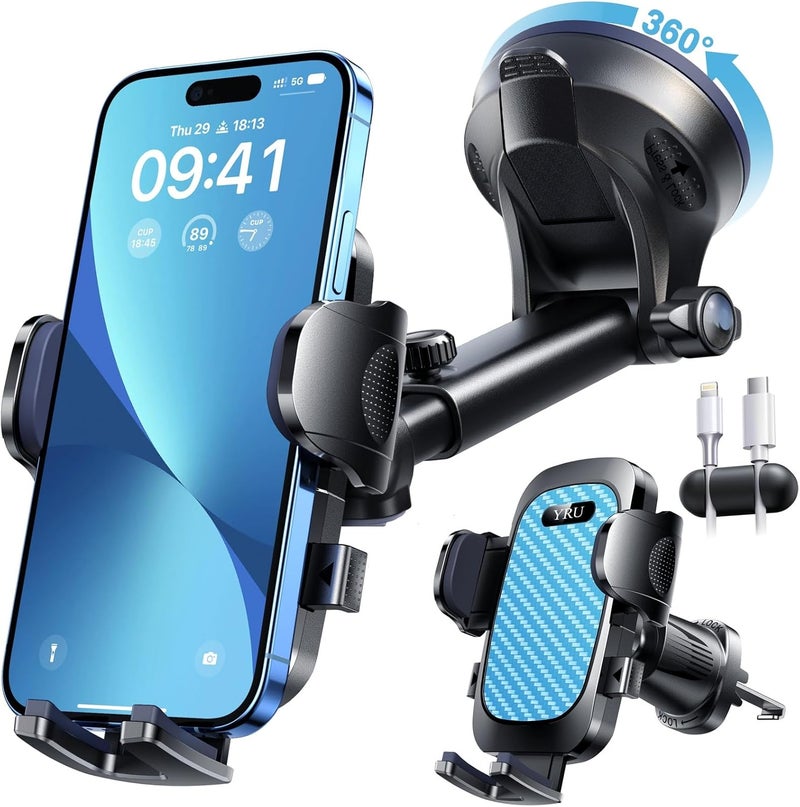 YRU True Military-Grade [360° Rotation Suction] 2025 Ultimate Car Phone Holder Mount 【90+LBS Safest Strongest & Patent Certs】 Dashboard Windshield Vent for iPhone 17 16 Pro Max Samsung, Royal Blue - Image 1